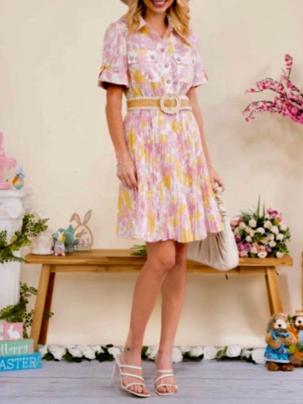 Pink & Yellow Floral Pleated Shirt Dress